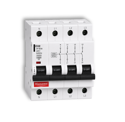 Maasarent 32A Four Pole C-Curve MCB | High-Performance Electrical Protection