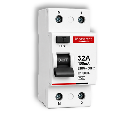 Maasarent RCCB 32A, 100mA Double Pole | Ultimate Earth Leakage & Shock Protection